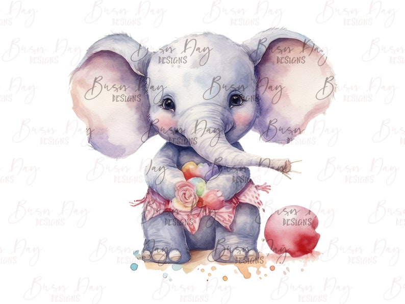 Puede incluir: Una pintura de acuarela de un elefante beb&eacute; sosteniendo un ramo de flores coloridas. El elefante lleva un vestido de cuadros rosa y blanco y tiene un lazo rosa y blanco con lunares en la cabeza. El elefante est&aacute; de pie sobre un fondo blanco con un huevo rojo y blanco con lunares.