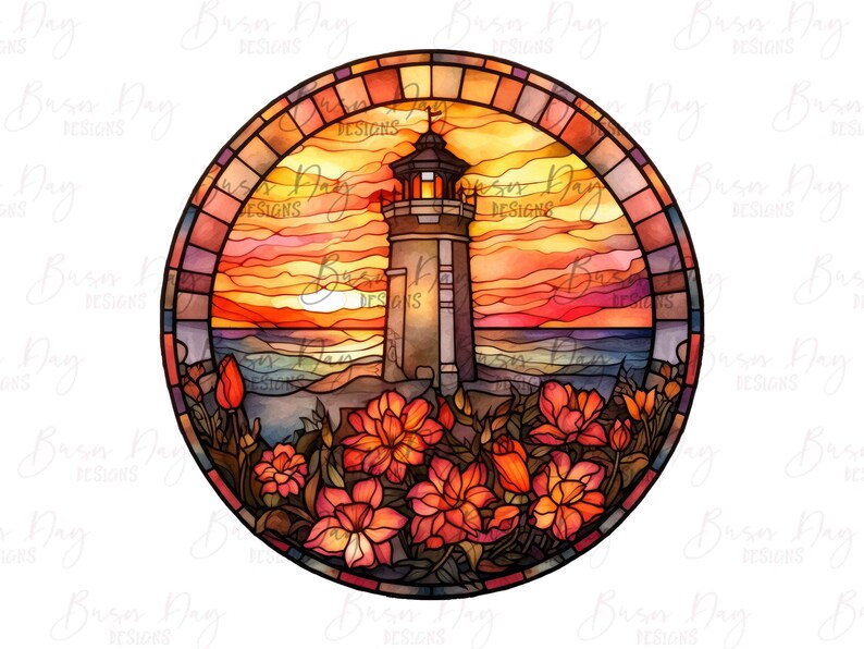 Watercolor Stained Glass Lighthouse Clipart Bundle (Digital Download) image 6