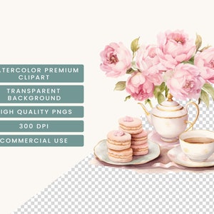 May include: A watercolour illustration of a teapot, teacup and saucer with pink peonies and macarons on a white background.