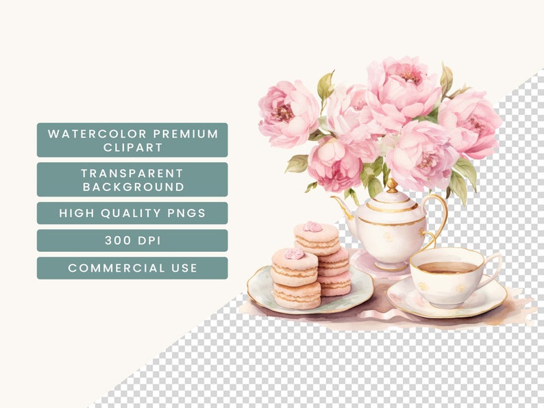 May include: A watercolour illustration of a teapot, teacup and saucer with pink peonies and macarons on a white background.