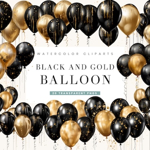 20 Schwarz und Gold Ballon Clipart Bundle digitaler Download, Sublimation Designs, Aquarell Clipart, Digitaldrucke, Sofort Download
