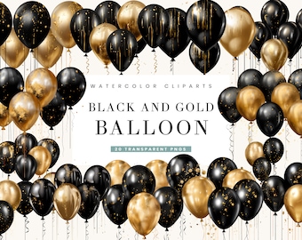 Black and Gold Balloon Watercolor Clipart: 20 PNG Designs (Digital Download)