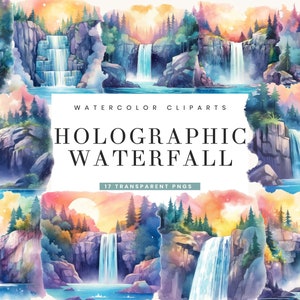 17 Watercolor Holographic Waterfall Scene Clipart Bundle Printable Art Sublimation Designs Digital Download Wall Art Instant Download