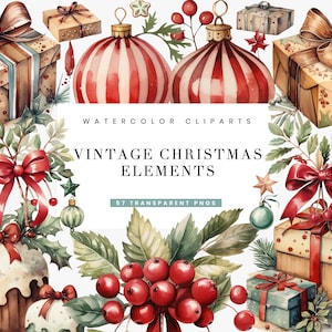 Bundle di clipart con elementi di Natale vintage ad acquerello, 57 disegni a sublimazione, stampa digitale, arte stampabile, download istantaneo, download digitale