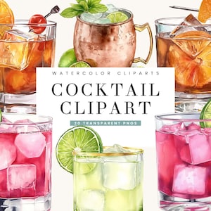 20 Clipart di cocktail ad acquerello Bundle Design a sublimazione Download digitale, stampe digitali, arte stampabile, file PNG di cocktail