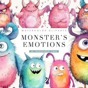 28 Aquarell Monster emotionale Clipart Bundle Sublimation Designs digitaler Download, Sofortiger Download Digitaldrucke, Png-Dateien