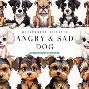 Paquete de imágenes prediseñadas de 18 perros enojados y tristes de acuarela, Diseños de sublimación, Descarga digital, Descarga instantánea, Arte imprimible, Impresión digital