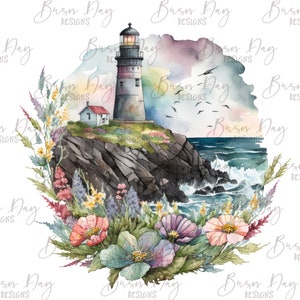 May include: A watercolor painting of a lighthouse on a rocky cliff overlooking the ocean. The lighthouse is white with a black roof and a red door. There are colorful flowers and greenery in the foreground.