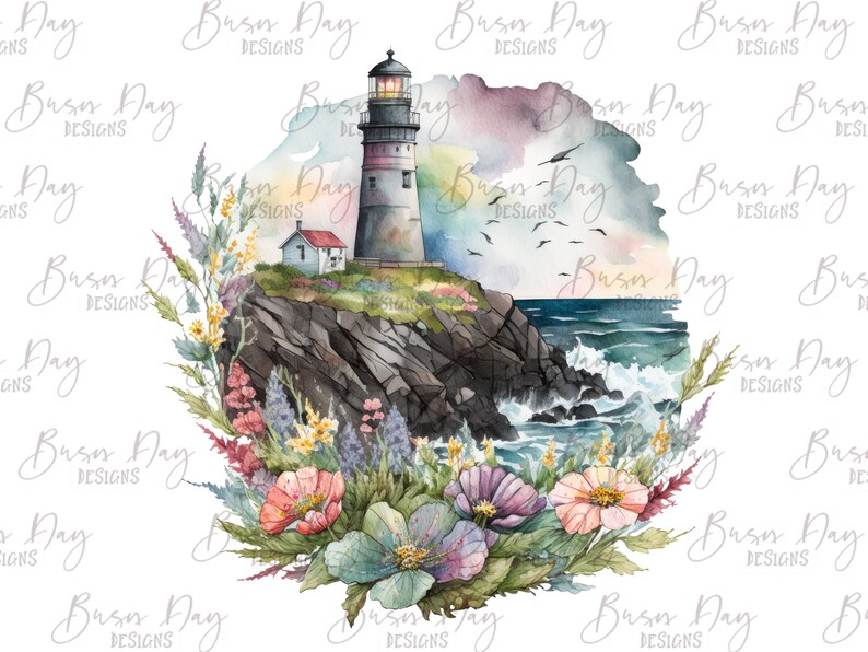 May include: A watercolor painting of a lighthouse on a rocky cliff overlooking the ocean. The lighthouse is white with a black roof and a red door. There are colorful flowers and greenery in the foreground.