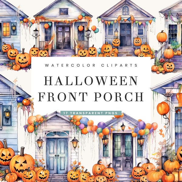 17 Watercolor Halloween Front Porch Clipart Bundle Sublimation Designs Instant Download Digital Prints, DIgital Download Png Files