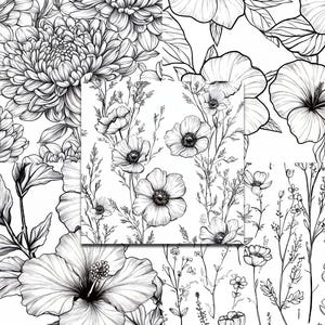 Op de afbeelding: Zwart-wit bloemenpatroon met gedetailleerde lijntekeningen van verschillende bloemen, waaronder chrysanten, hibiscus en klaprozen. Het ontwerp toont een verscheidenheid aan bloemstukken en botanische elementen.