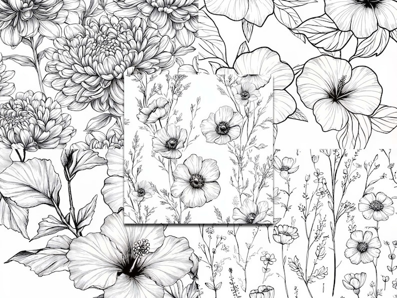 Op de afbeelding: Zwart-wit bloemenpatroon met gedetailleerde lijntekeningen van verschillende bloemen, waaronder chrysanten, hibiscus en klaprozen. Het ontwerp toont een verscheidenheid aan bloemstukken en botanische elementen.