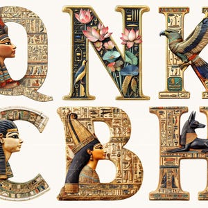 May include: Decorative alphabet letters with an Egyptian theme. The letters Q, N, K, C, B, and H are depicted with hieroglyphs, pharaohs, and other Egyptian imagery. The letter N features pink lotus flowers and a bird.