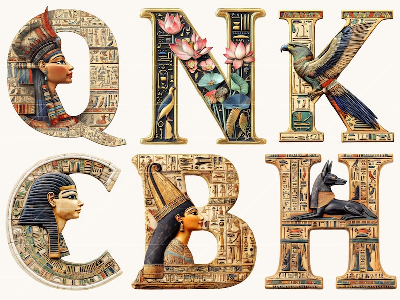 May include: Decorative alphabet letters with an Egyptian theme. The letters Q, N, K, C, B, and H are depicted with hieroglyphs, pharaohs, and other Egyptian imagery. The letter N features pink lotus flowers and a bird.