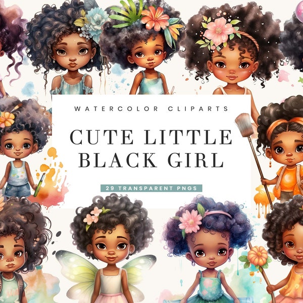 29 Watercolor Cute little black girl Clipart bundle , watercolor clipart, digital download, instant download, digital prints