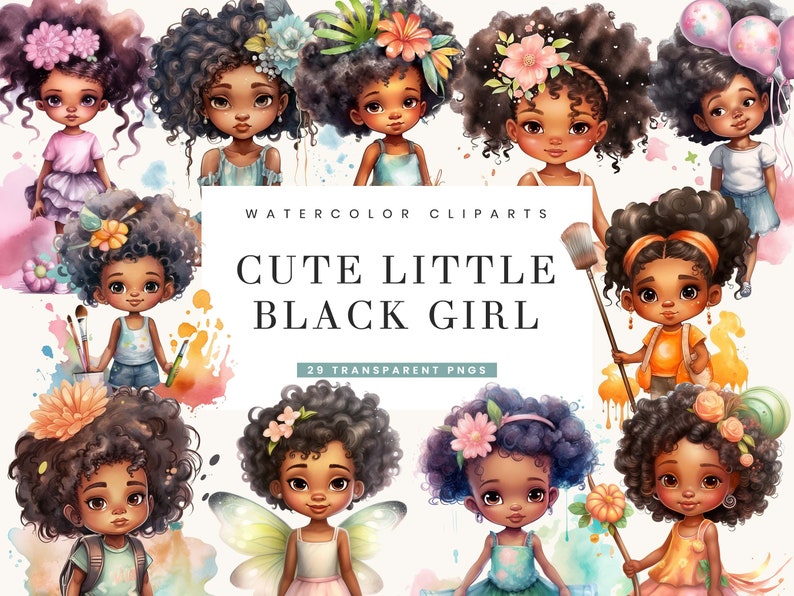29 Watercolor Cute little black girl Clipart bundle , watercolor clipart, digital download, instant download, digital prints image 1