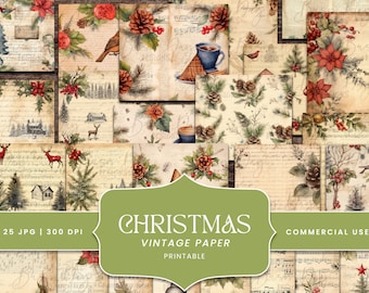 May include: A digital paper pack with 25 vintage Christmas themed designs. The designs feature a variety of elements, including pine cones, holly, birds, and musical notes. The paper pack is perfect for creating cards, scrapbook pages, and other crafts.