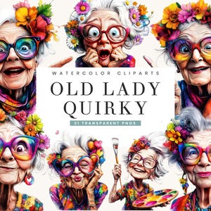 Op de afbeelding: Waterverf clipart met grillige portretten van een oudere dame met levendige regenboogkleurige brillen en bloemenhoofddeksels. De tekst "OLD LADY QUIRKY" wordt weergegeven. De afbeelding toont een verzameling van 21 transparante PNG's.
