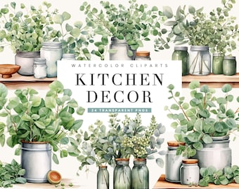 Watercolor Eucalyptus Kitchen Decor Clipart Bundle (Digital Download)