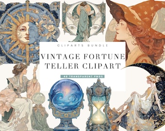 46 Vintage Fortune Teller Clipart Bundle Sublimation Designs Digital Download, Digital Prints, Digital Planner, Magical PNG Files