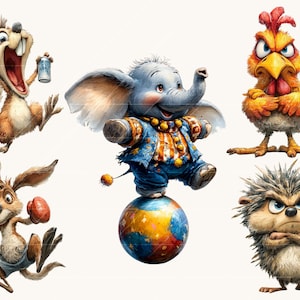 May include: A set of cartoon animal illustrations. Features a squirrel with a jar, an elephant balancing on a globe, a rooster with crossed arms, a kangaroo with boxing gloves, and a hedgehog with crossed arms.