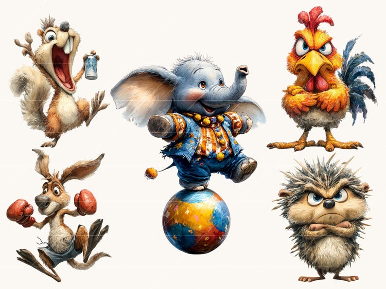 May include: A set of cartoon animal illustrations. Features a squirrel with a jar, an elephant balancing on a globe, a rooster with crossed arms, a kangaroo with boxing gloves, and a hedgehog with crossed arms.