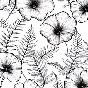 Op de afbeelding: Zwart-wit bloemenpatroon met gedetailleerde lijntekeningen van grote bloemen en varenachtige bladeren. Het ontwerp is geplaatst tegen een witte achtergrond, waardoor een contrastrijke, botanische esthetiek ontstaat. Ideaal voor stof of behang.