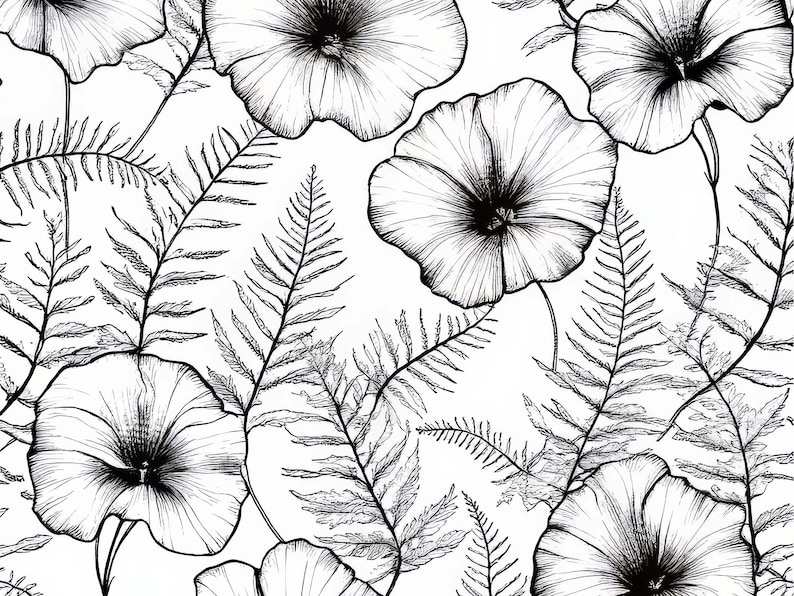 Op de afbeelding: Zwart-wit bloemenpatroon met gedetailleerde lijntekeningen van grote bloemen en varenachtige bladeren. Het ontwerp is geplaatst tegen een witte achtergrond, waardoor een contrastrijke, botanische esthetiek ontstaat. Ideaal voor stof of behang.
