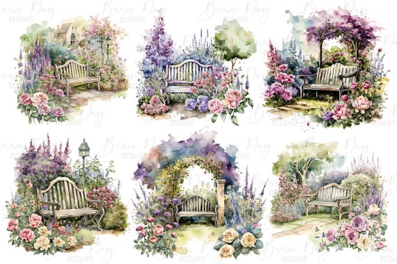 花とベンチ　水彩画 花とベンチ水彩画