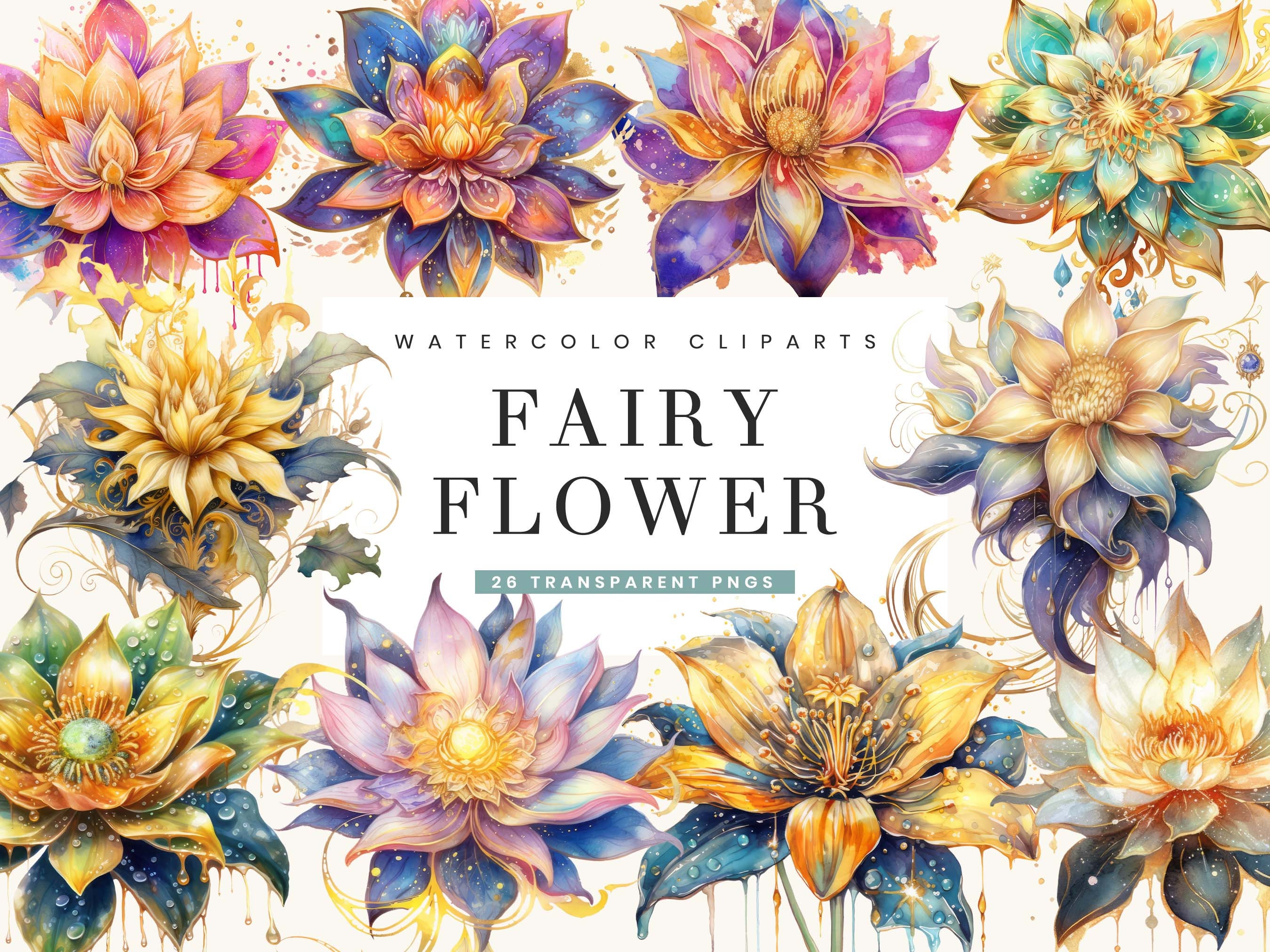 Watercolor Fairy Flower Clipart Bundle: 26 PNG Designs (digital ...