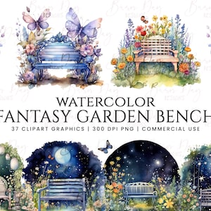 37 Watercolor Fantasy Garden Bench clipart bundle, digital download, digital planner, digital prints, instant download, watercolor clipart,