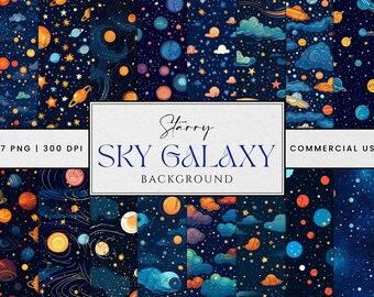 May include: A set of 17 digital seamless patterns featuring a starry sky galaxy theme. The patterns include stars, planets, clouds, and swirls in shades of blue, yellow, orange, and red. The patterns are perfect for creating backgrounds, scrapbooking, and other creative projects.  The text "Starry Sky Galaxy Background" is displayed in the center of the image.