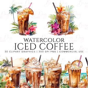 30 Watercolor Iced Coffee clipart bundle, digital download, digital planner, instant download, watercolor clipart, commercial use,
