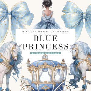 24 Watercolor Blue Princess Clipart Bundle Sublimation Designs Digital Download, Digital Prints Instant Download, Princess PNG Files