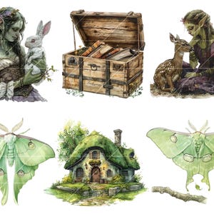 May include: A digital illustration set featuring a green fairy holding a white rabbit, a wooden chest with books, a green fairy with a fawn, a green moth, and a small cottage with a green roof.