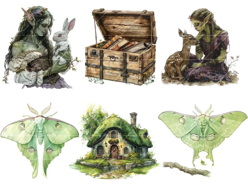 May include: A digital illustration set featuring a green fairy holding a white rabbit, a wooden chest with books, a green fairy with a fawn, a green moth, and a small cottage with a green roof.