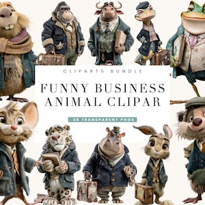 Może przedstawiać: Kolekcja fantazyjnych postaci z klipartów zwierzęcych w strojach biznesowych, każda z teczką. Obraz zawiera chomika, goryla, byka, żabę, mysz, lamparta, hipopotama, królika i borsuka. Tekst brzmi "Funny Business Animal Clipar Bundle".