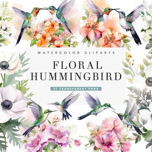 Descarga digital de 27 diseños Png de colibrí y flores de acuarela, Descarga instantánea de impresiones digitales, Archivos Png de impresión bajo demanda