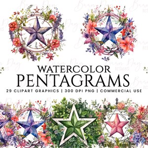 29 Watercolor Pentagrams Clipart bundle, digital download, digital planner, watercolor clipart, commercial use, wall art, clip art