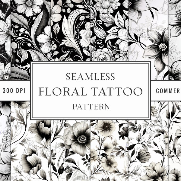 20 Seamless Floral Tattoo Pattern Background Sublimation Designs, Digital Download Printable Art Seamless Pattern Instant Download