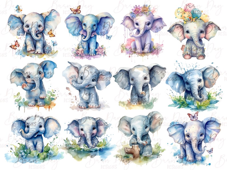 Puede incluir: Doce ilustraciones de acuarela de elefantes beb&eacute;s en varias poses. Cada elefante est&aacute; pintado en tonos de azul, morado y gris, con detalles como mariposas, flores y salpicaduras de agua.