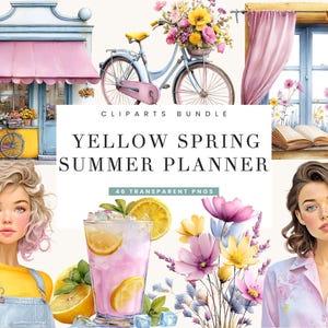 Pacote com 46 imagens digitais amarelas para planner de primavera/verão, com designs para sublimação, download digital, impressões digitais, arte digital e planner digital.
