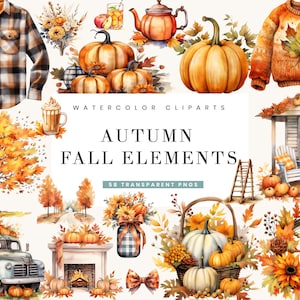 58 Watercolor Autumn Fall Elements Clipart Bundle Sublimation Designs Instant Download Digital Prints Digital Download Png Files