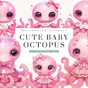 30 Watercolor Cute Baby Octopus with Pink Bow Clipart Bundle Sublimation Designs, Digital Download, Halloween Clipart