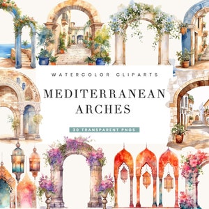 30 Watercolor Mediterranean Arches Clipart Bundle, Sublimation Designs, Instant Download Watercolor Clipart, Digital Print