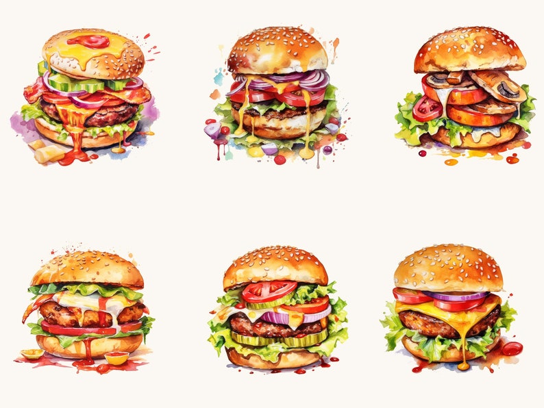 Clipartbundel aquarel hamburger: 30 png-ontwerpen (digitale download) afbeelding 6