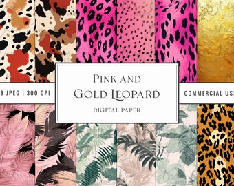 May include: A digital paper pack with 28 JPG files at 300 DPI featuring pink and gold leopard print patterns, tropical leaves, and gold foil textures. The text "Pink and Gold Leopard Digital Paper" and "Commercial Use" is included in the image.