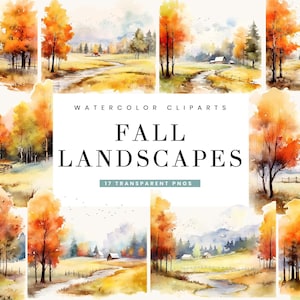 17 Watercolor fall Landscapes Clipart Bundle Sublimation Designs Instant Download Digital Files, Printable wall Art Digital Download