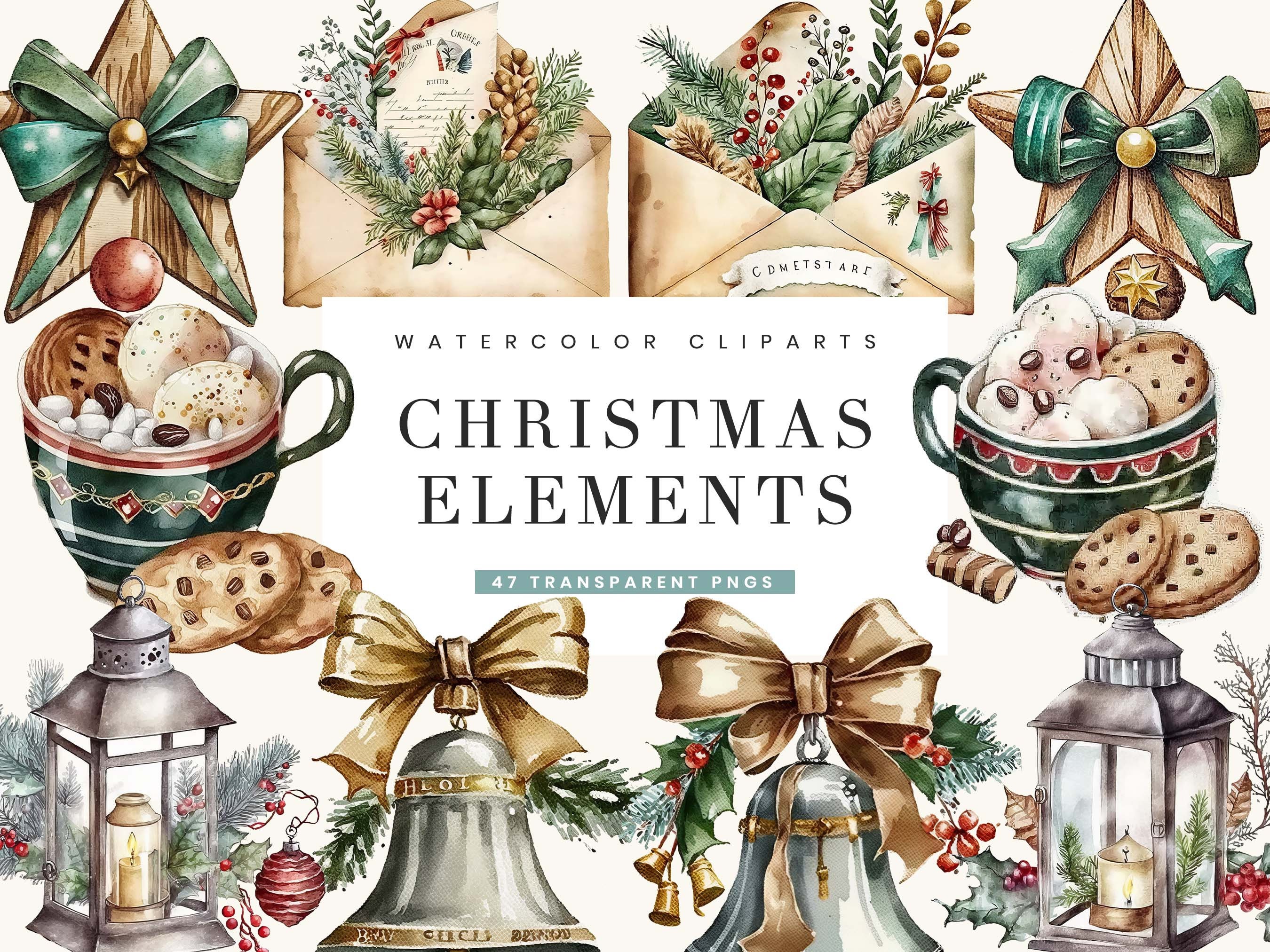 47 Watercolor Christmas Elements Clipart Bundle Sublimation Designs Digital Print Instant Download Png Files Digital Download