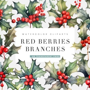 48 Aquarell Weihnachten rote Beeren Zweige Clipart Bundle Sublimation Designs Sofortiger Download Digitale Dateien, Digitaler Download PNG-Dateien